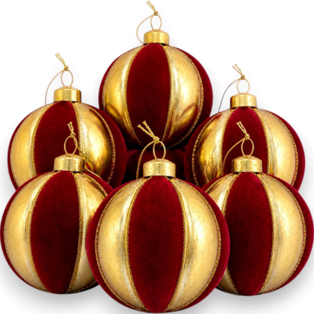 Palline Di Natale In Vetro Oro Effetto Velluto Rosso, Set Da 6 Addobbi