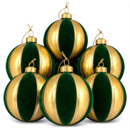 Palline Di Natale In Vetro Oro Effetto Velluto Verde Set Da 6 Addobbi 