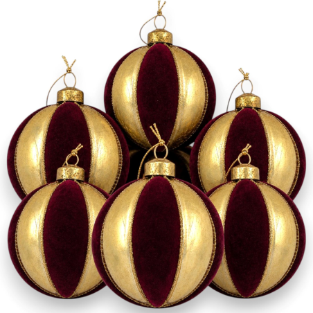 Palline Di Natale In Vetro Oro Effetto Velluto Bodeaux, Set Da 6 Addob