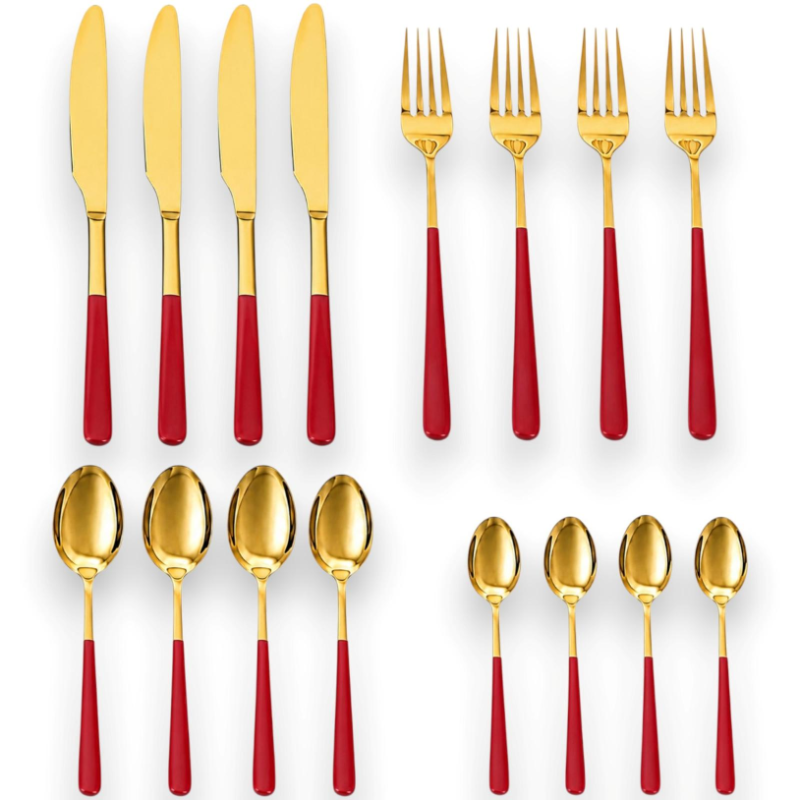 Set 16 Posate in Acciaio Inox - Oro/Rosso