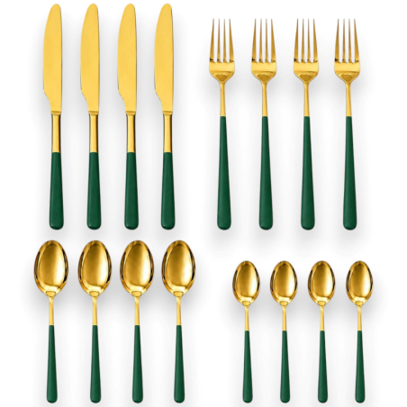 Set 16 Posate in Acciaio Inox - Oro/Verde