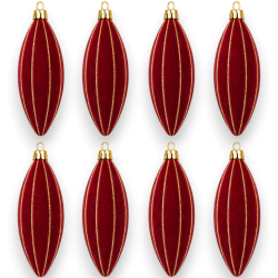 Box 8 Pendenti 13 Cm Floccato - Bordeaux con Decoro Oro Glitter