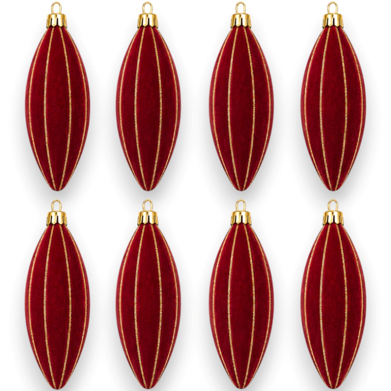 Box 8 Pendenti 13 Cm Floccato - Bordeaux con Decoro Oro Glitter
