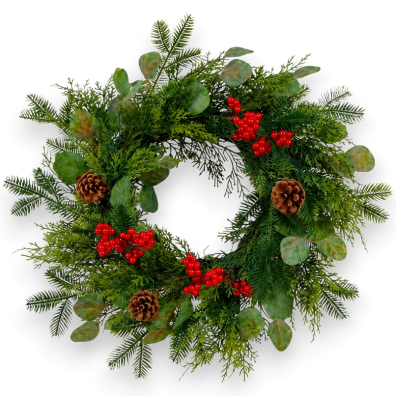 Ghirlanda Natalizia con Pigne e Bacche Rosse - 45 Cm