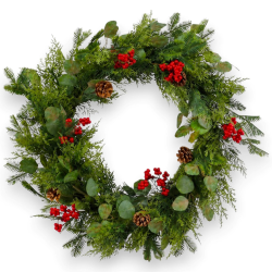 Ghirlanda Natalizia con Pigne e Bacche Rosse - 70 Cm