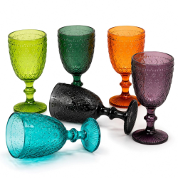 Calici in Vetro Colorato con Gambo – Set da 6, Design Floreale in Rili