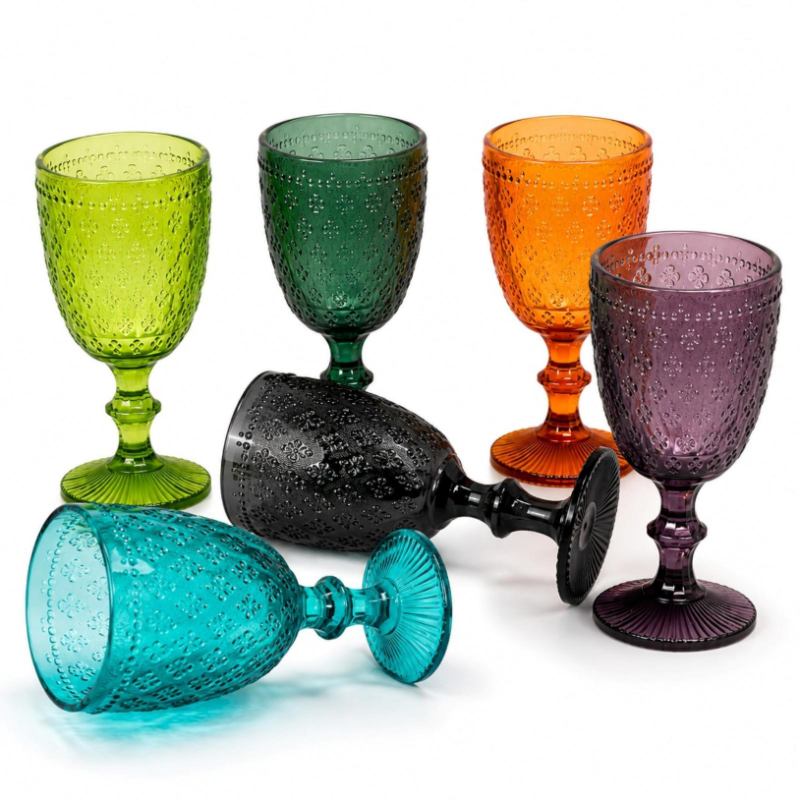 Calici in Vetro Colorato con Gambo – Set da 6, Design Floreale in Rili