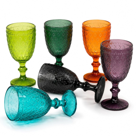 Calici in Vetro Colorato con Gambo – Set da 6, Design Floreale in Rili