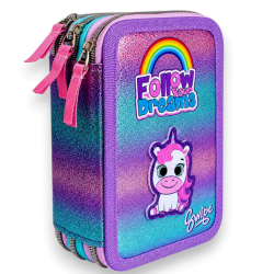 Astuccio 3 Zip KORAT Unicorno Glitter Completo 45 Pezzi