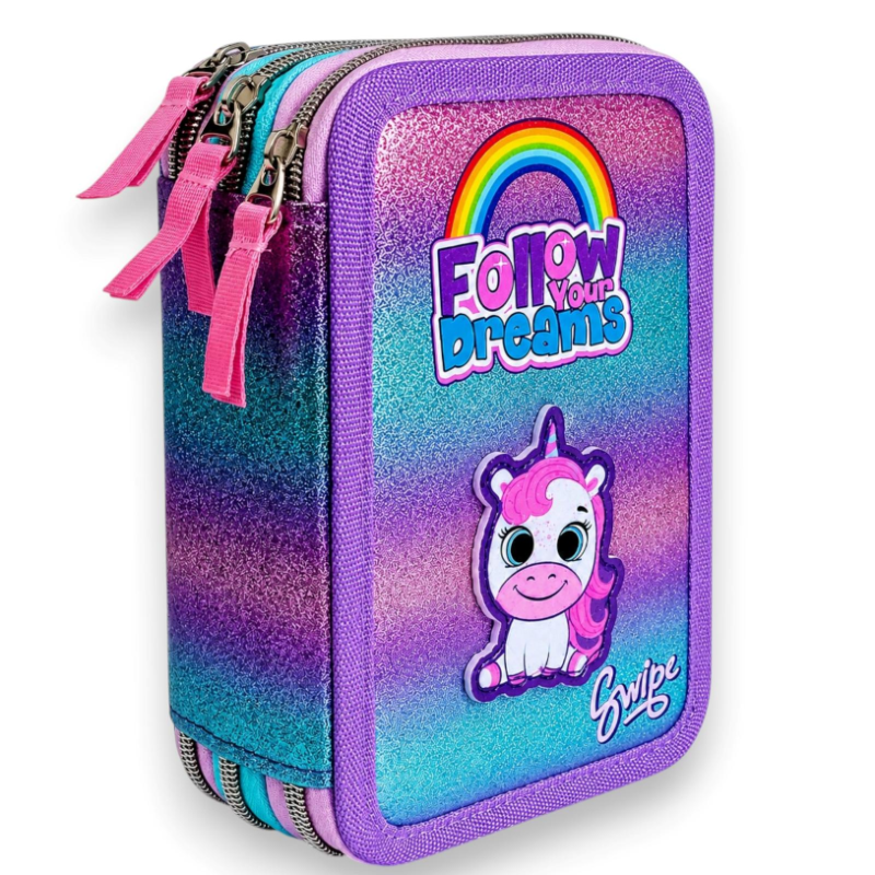 Astuccio 3 Zip KORAT Unicorno Glitter Completo 45 Pezzi