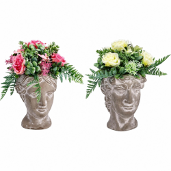 Set 2 Vasi Decorativi a Forma di Testa con Fiori Artificiali in Cerami