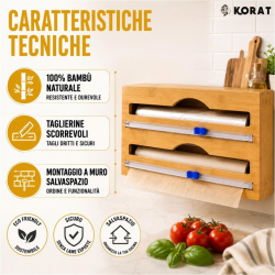 Dispenser Porta Rotoli da Cucina in Bambù con 2 Taglierine Scorrevoli