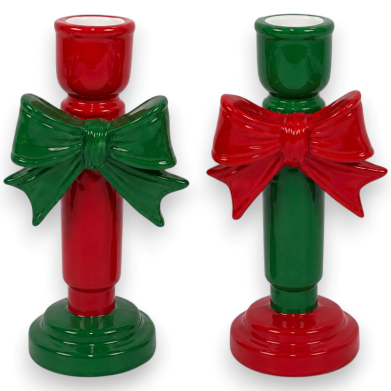 Set 2 Portacandele in Ceramica Natalizi - Fiocco - 20 Cm