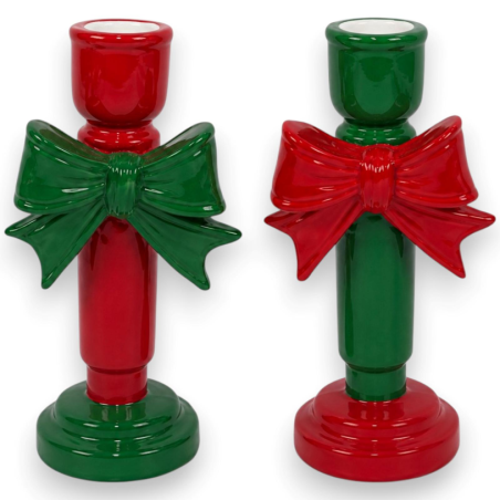 Set 2 Portacandele in Ceramica Natalizi - Fiocco - 20 Cm