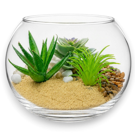 Terrarium con Pianta Grassa Artificiale in Vaso di Vetro – Modello Cas