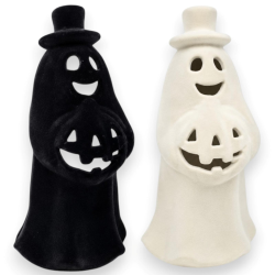 Coppia Fantasmi Halloween in Ceramica Floccato con Luce - 10x9x20,5 Cm