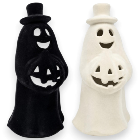 Coppia Fantasmi Halloween in Ceramica Floccato con Luce - 10x9x20,5 Cm