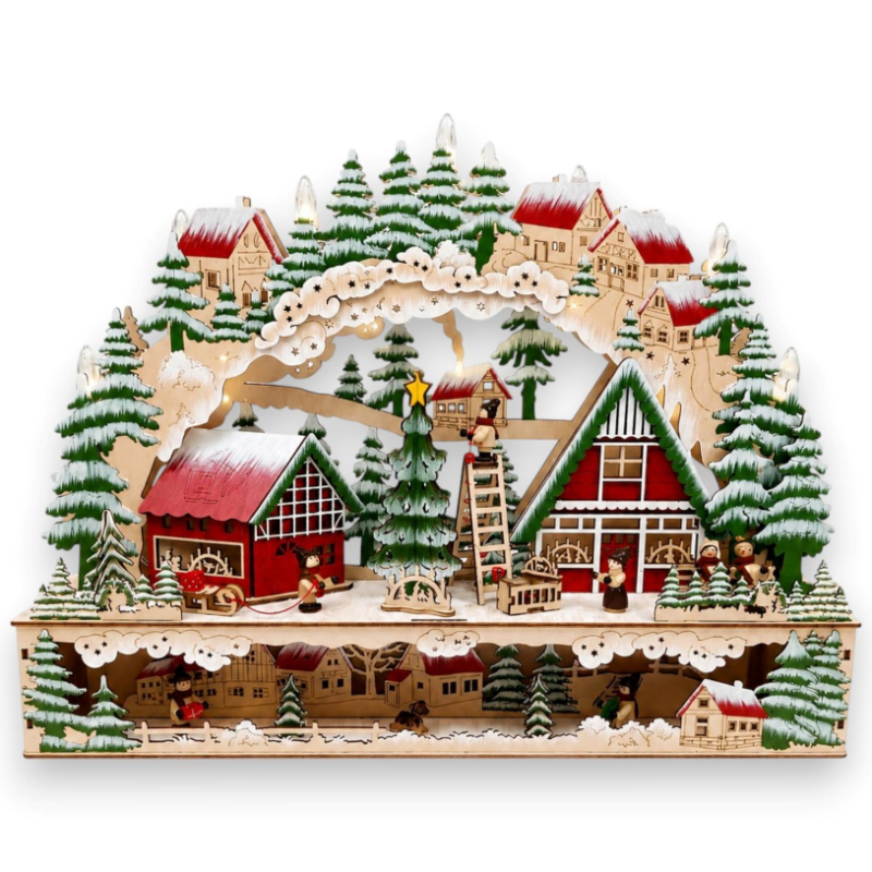 Villaggio Natalizio in Legno con Luci - Arco - 50x10x36 Cm