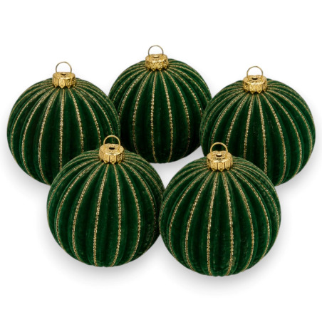 Set 5 Palline Verde in Velluto con Glitter Oro - 10 Cm