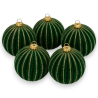 Set 5 Palline Verde in Velluto con Glitter Oro - 10 Cm