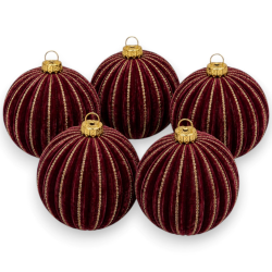 Set 5 Palline Bordeaux in Velluto con Glitter Oro - 10 Cm