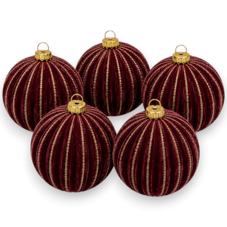 Set 5 Palline Bordeaux in Velluto con Glitter Oro - 10 Cm