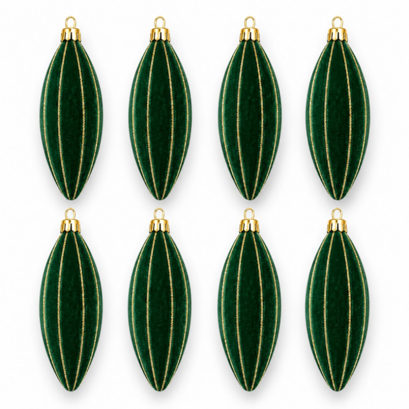 Box 8 Pendenti 13 Cm Floccato - Verde con Decoro Oro Glitter
