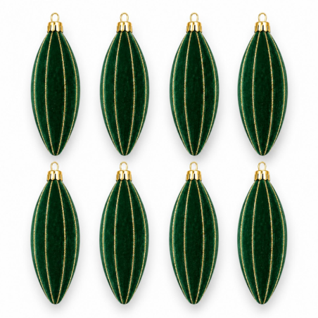 Box 8 Pendenti 13 Cm Floccato - Verde con Decoro Oro Glitter