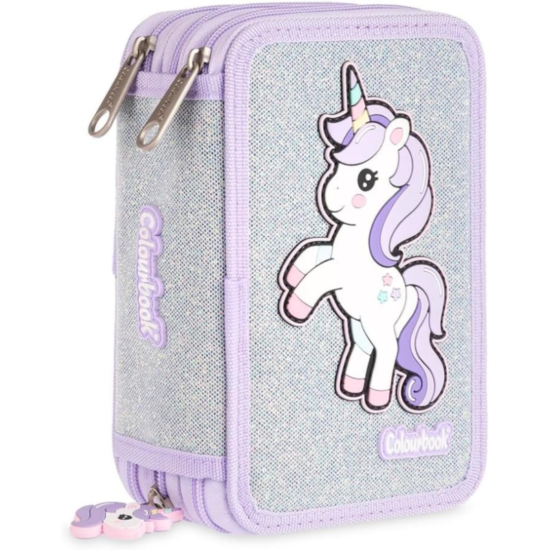 Colourbook - Astuccio a 3 Zip - Completo di 44 Pezzi - Unicorno Grigio
