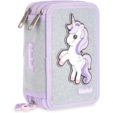 Colourbook - Astuccio a 3 Zip - Completo di 44 Pezzi - Unicorno Grigio