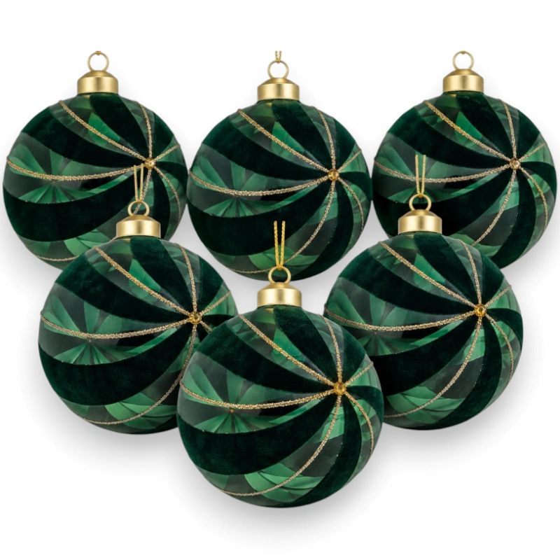 6 Palle Rotonde Vetro Rivestita in Velluto con Dettagli Glitter - 8 Cm