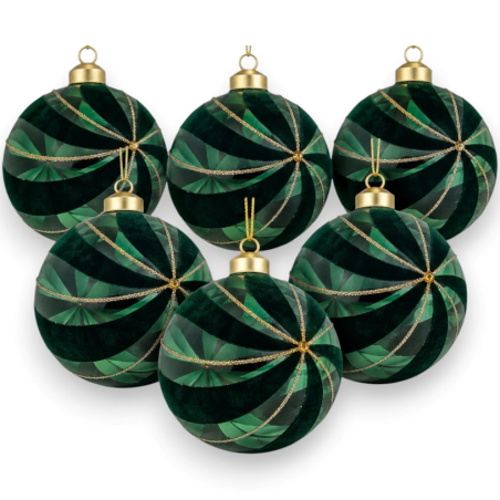 6 Palle Rotonde Vetro Rivestita in Velluto con Dettagli Glitter - 8 Cm