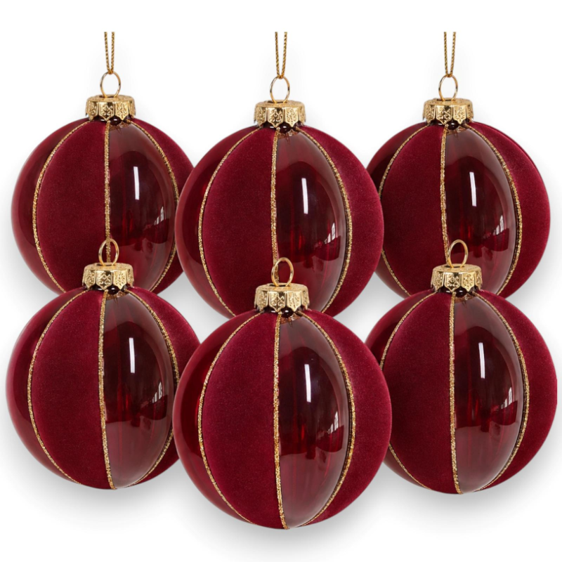Set 6 Palle Vetro a Fasce in Velluto con Dettagli Glitter - 8 Cm - Bor