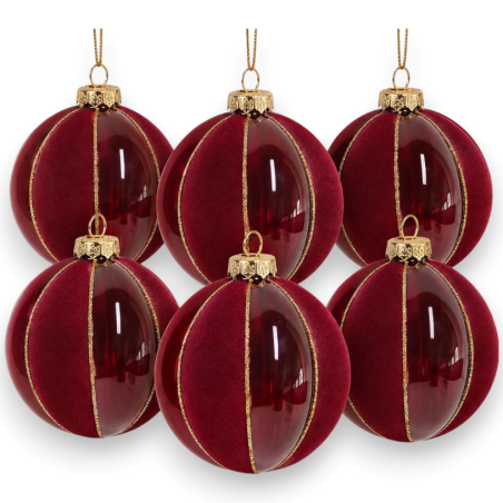 Set 6 Palle Vetro a Fasce in Velluto con Dettagli Glitter - 8 Cm - Bor