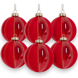 Set 6 Palle Vetro a Fasce in Velluto con Dettagli Glitter - 8 Cm - Ros
