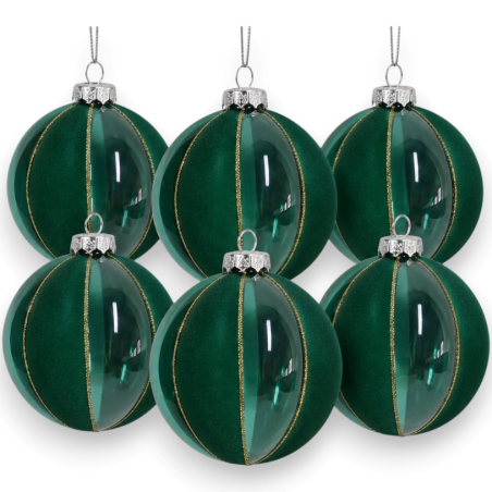 Set 6 Palle Vetro a Fasce in Velluto con Dettagli Glitter - 8 Cm - Ver