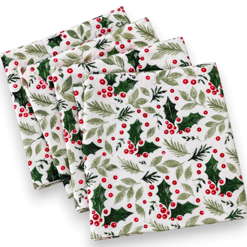 Set 4 Tovaglioli Natalizi in Cotone - 40x40 Cm - Decoro Verde