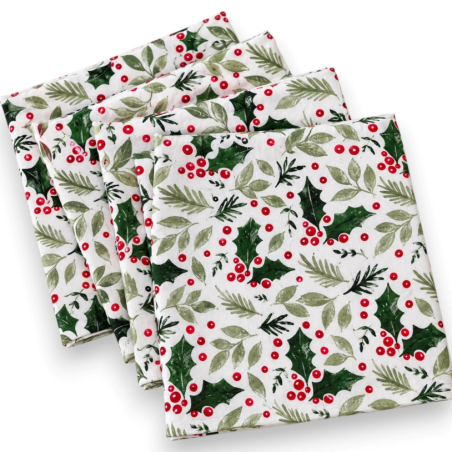 Set 4 Tovaglioli Natalizi in Cotone - 40x40 Cm - Decoro Verde