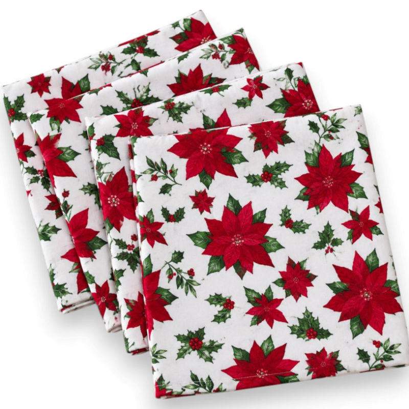 Set 4 Tovaglioli Natalizi in Cotone - 40x40 Cm - Decoro Rosso