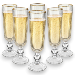 Set 6 Flute Rigati in Vetro Trasparente con Bordo Oro - 150 ML