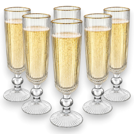 Set 6 Flute Rigati in Vetro Trasparente con Bordo Oro - 150 ML