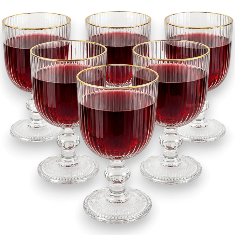 Set 6 Calici Rigati in Vetro Trasparente con Bordo Oro - 250 ML