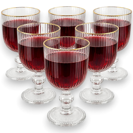 Set 6 Calici Rigati in Vetro Trasparente con Bordo Oro - 250 ML