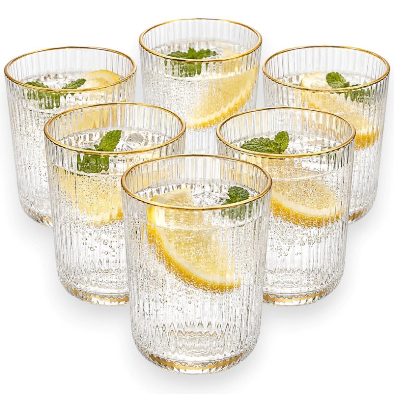 Set 6 Bicchieri Rigati in Vetro Trasparente con Bordo Oro - 270 ML