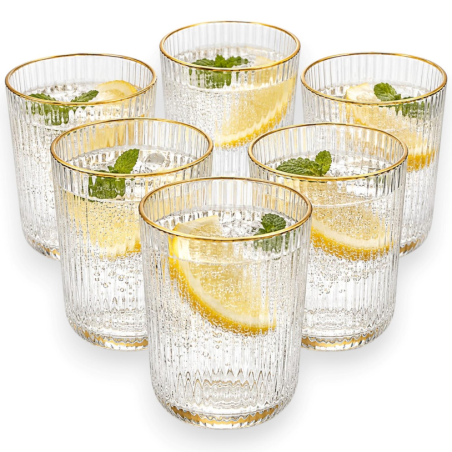 Set 6 Bicchieri Rigati in Vetro Trasparente con Bordo Oro - 270 ML