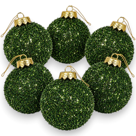 6 Palline Natale Tinsel - Verde - 8 Cm