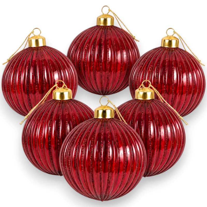 6 Palline Natale Vetro Rigata Glitter- Bordeaux - 8 Cm