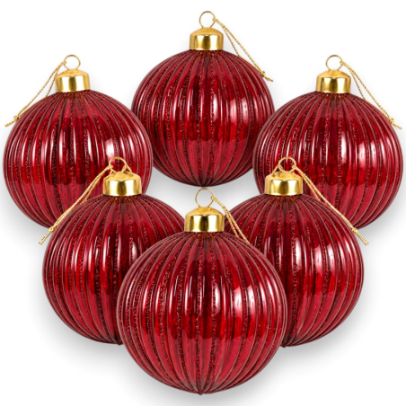 6 Palline Natale Vetro Rigata Glitter- Bordeaux - 8 Cm