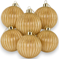 6 Palline Natale Vetro Rigata Glitter- Oro - 8 Cm