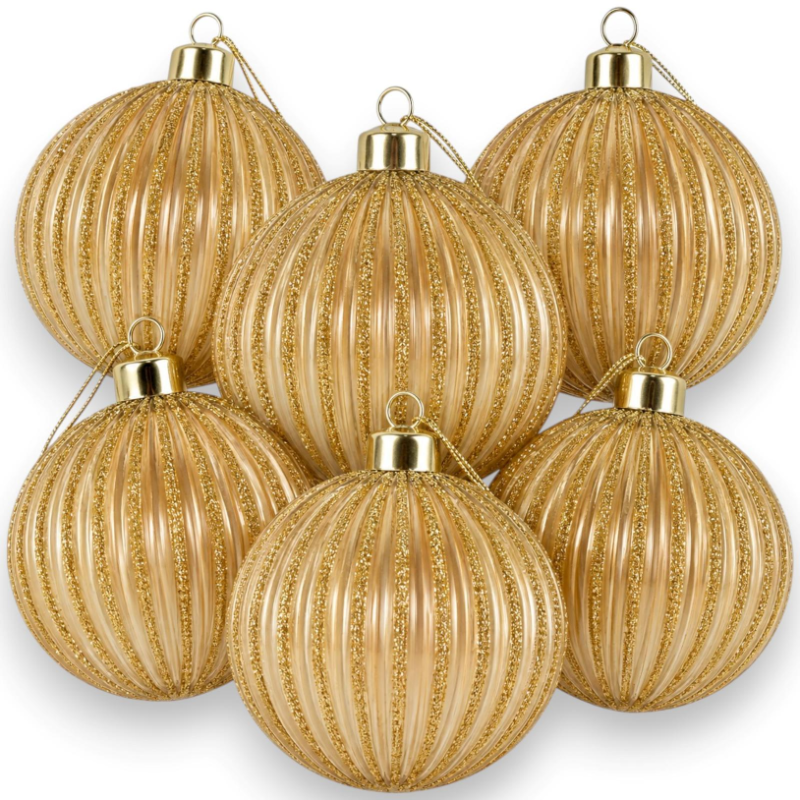 6 Palline Natale Vetro Rigata Glitter- Oro - 8 Cm